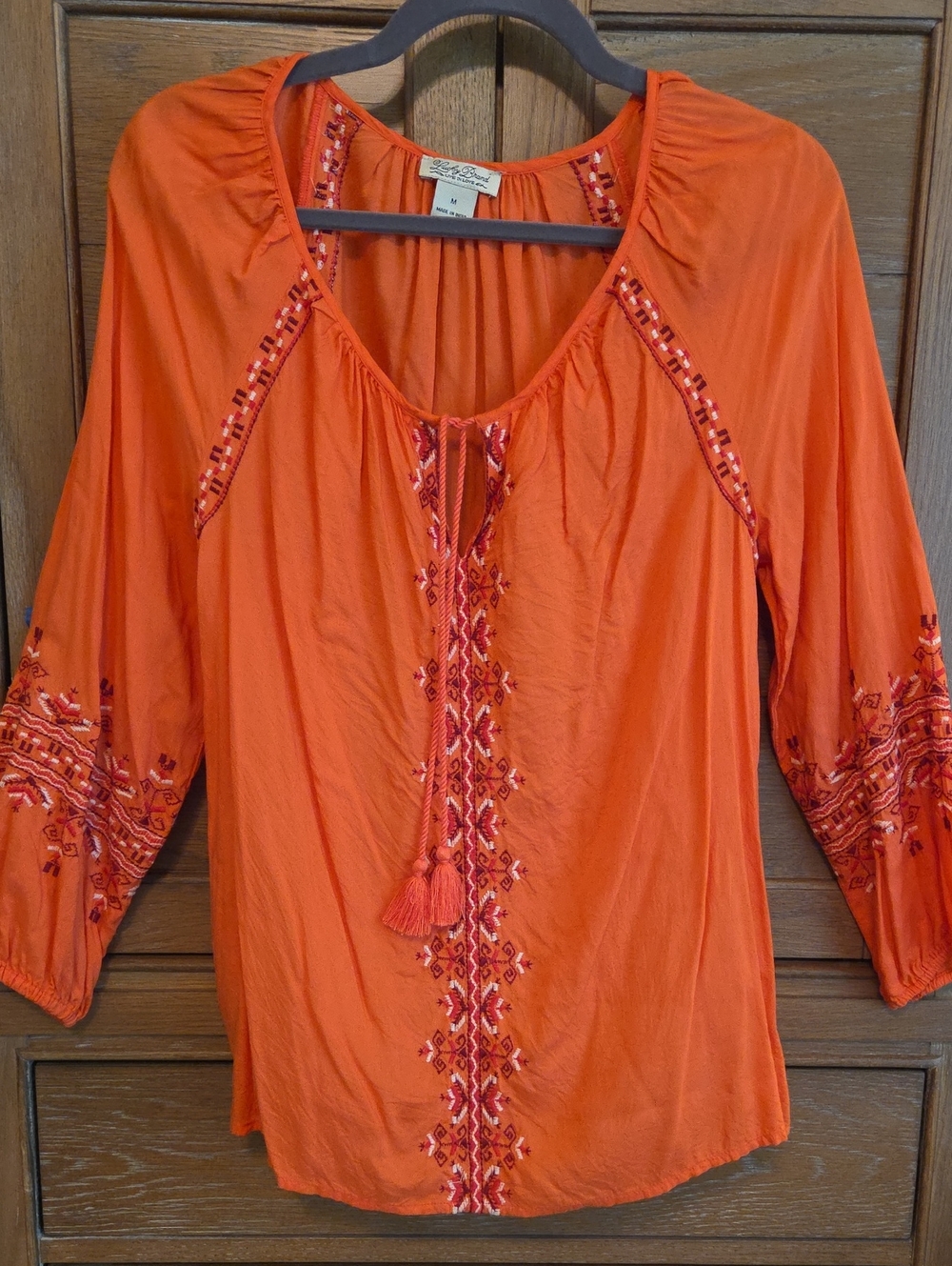 Lucky Brand Orange Embroidered Peasant Tunic